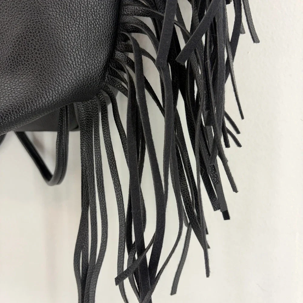 Victorias Secret Black Fringe Bucket Backpack Faux Leather NEW Boho Western Chic